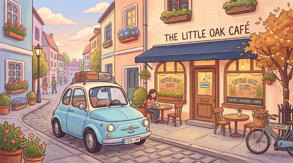 Little Oak 카페 앞 빈티지 소형차와 여행 가방