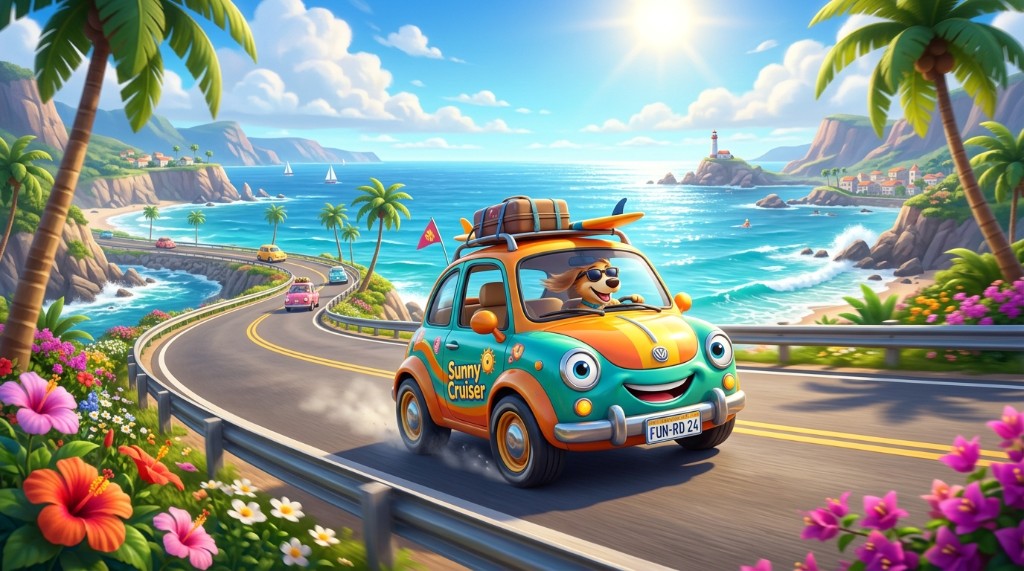서핑보드와 짐을 실은 차가 해안 도로를 달리는 Sunny Cruiser 일러스트