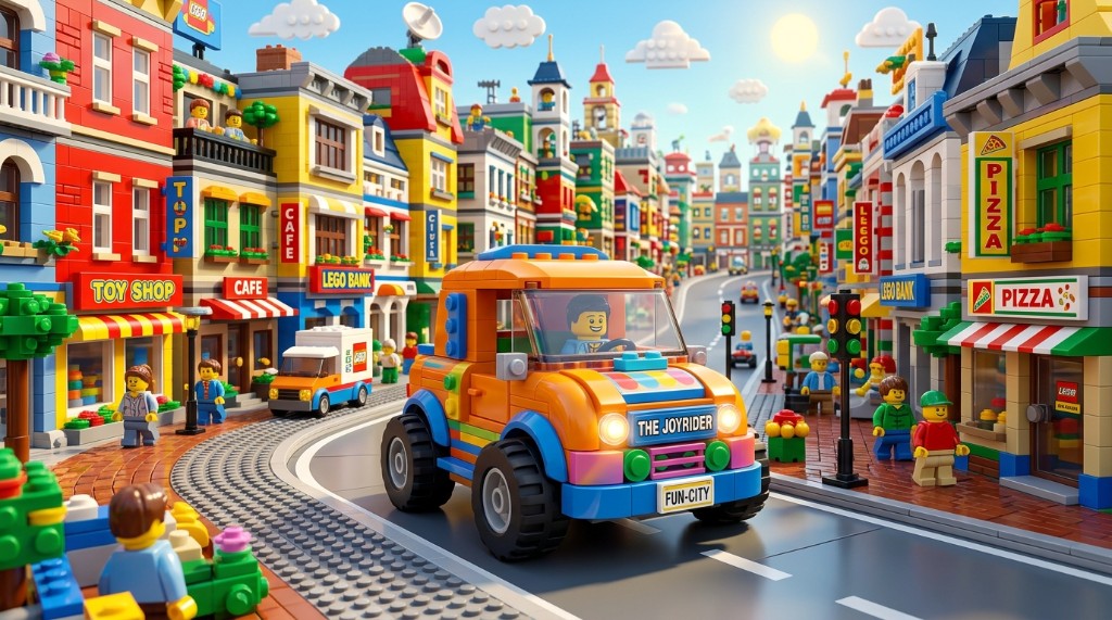 FUN-CITY 번호판 오렌지 레고 자동차가 도심 거리를 달리는 장면