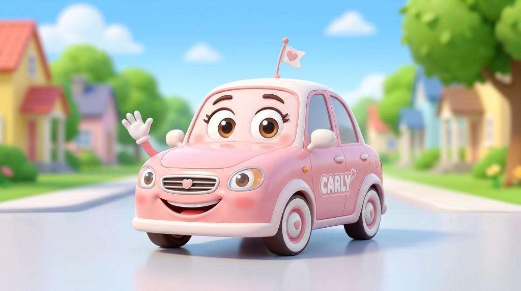 CARLY 이름의 분홍 캐릭터 자동차가 손을 흔드는 모습