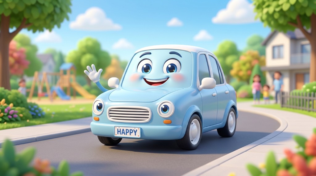 HAPPY 번호판 파란 캐릭터 차와 놀이터 배경