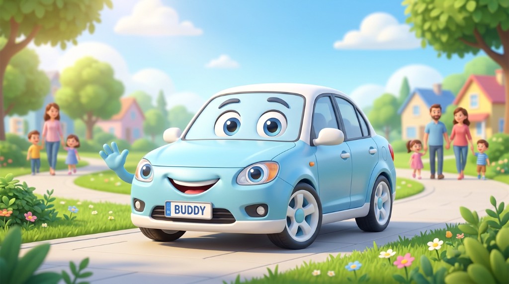 BUDDY 번호판 캐릭터 차가 주택가를 지나는 장면