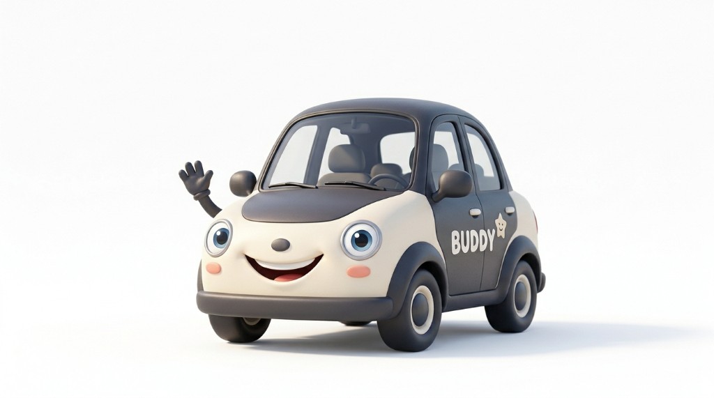 BUDDY 로고가 있는 크림·그레이 캐릭터 차