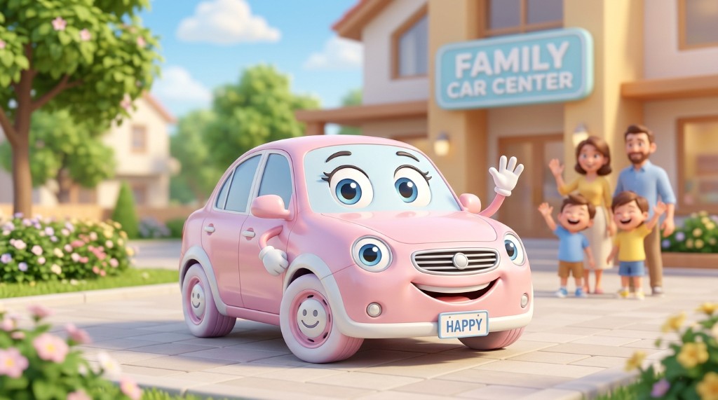 Family Car Center 앞 분홍 캐릭터 차와 가족