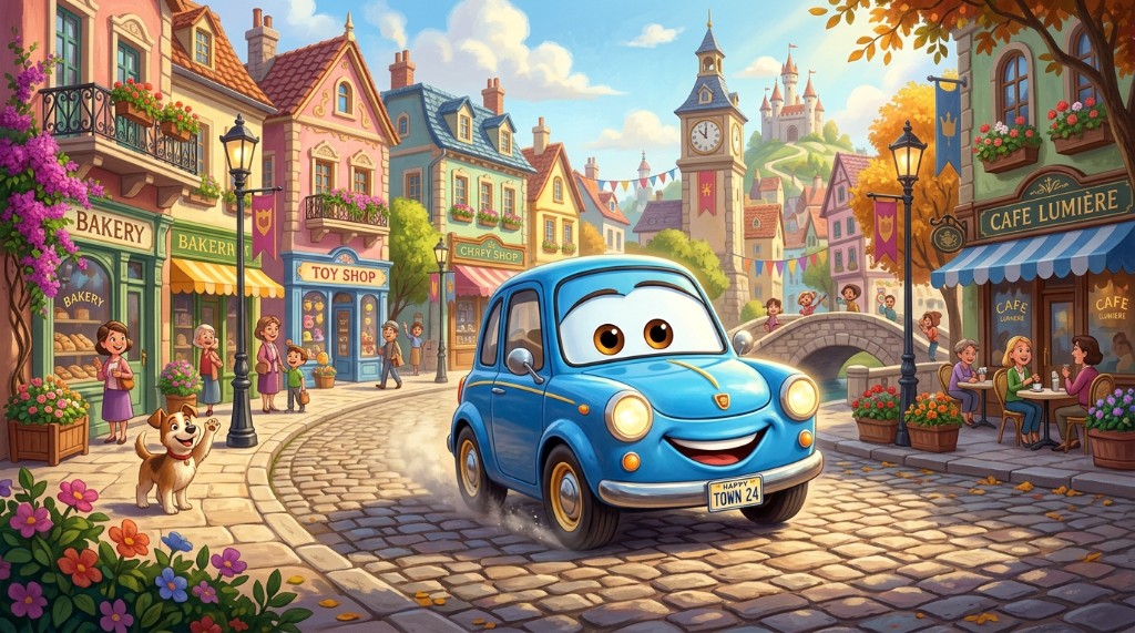 HAPPY TOWN 24 파란 캐릭터 차가 마을 거리를 달리는 장면
